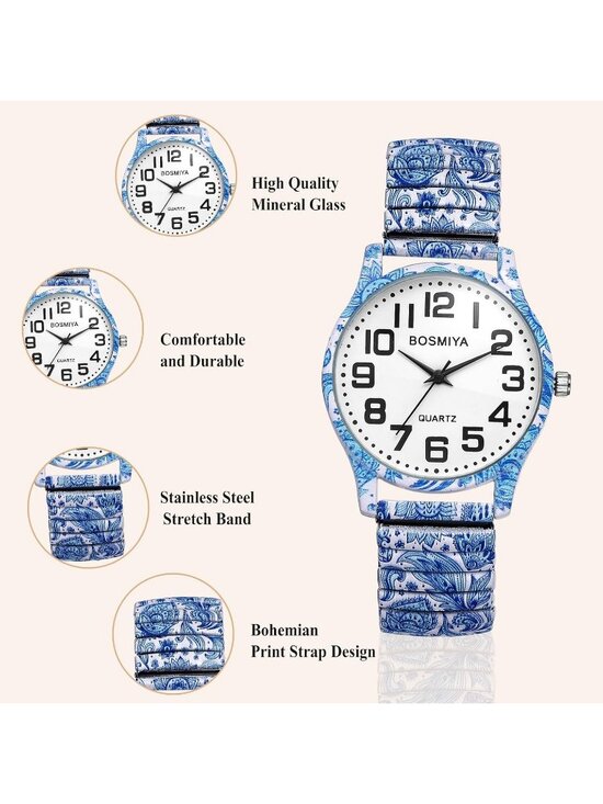 Women\'s Blue Flowers Analog Number Elastic Stretch Band Bohemia Bracelet Watch